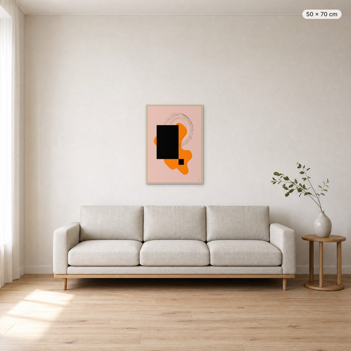 Life Is Boring Without Chaos #2 canvas print in oak floating frame, 50 × 70 cm, shown above a 220 cm sofa