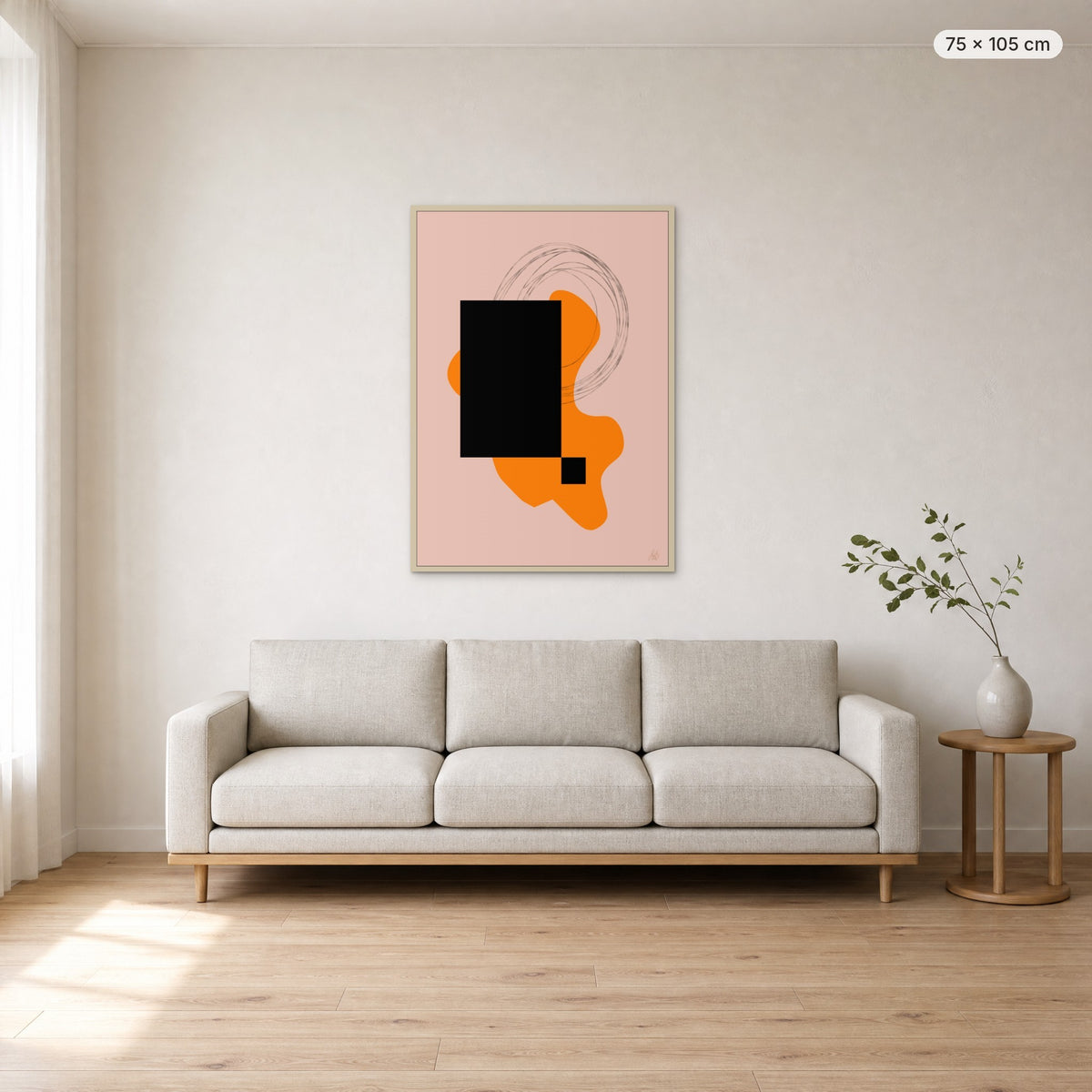 Life Is Boring Without Chaos #2 canvas print in oak floating frame, 75 × 105 cm, shown above a 220 cm sofa