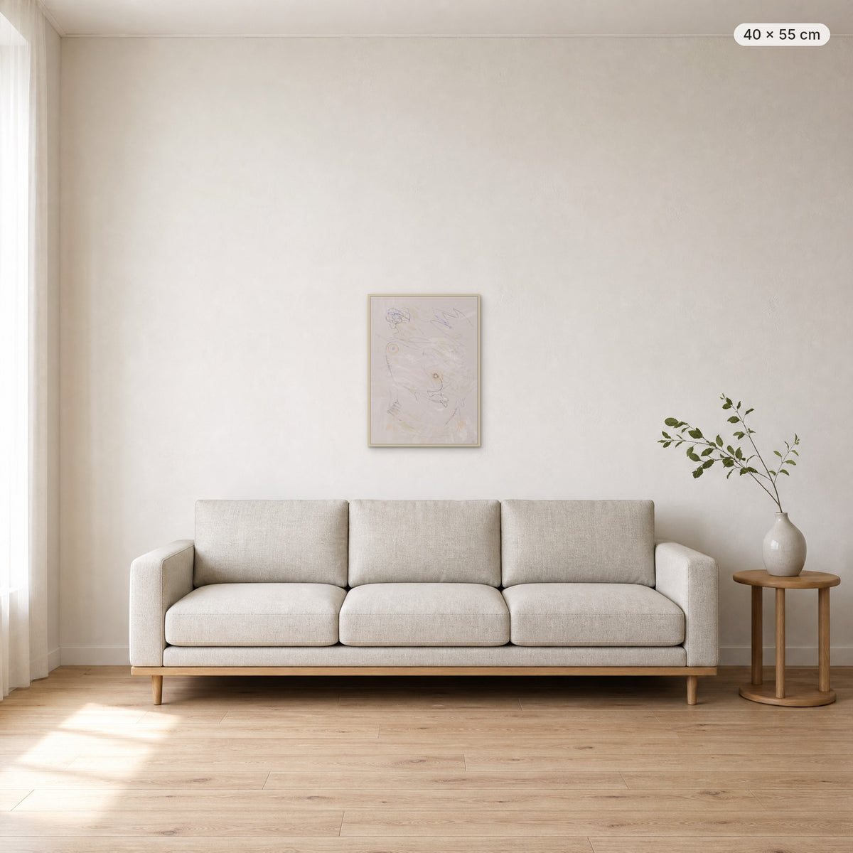 Life Is Boring Without Chaos #3 canvas print in oak floating frame, 40 × 55 cm, shown above a 220 cm sofa