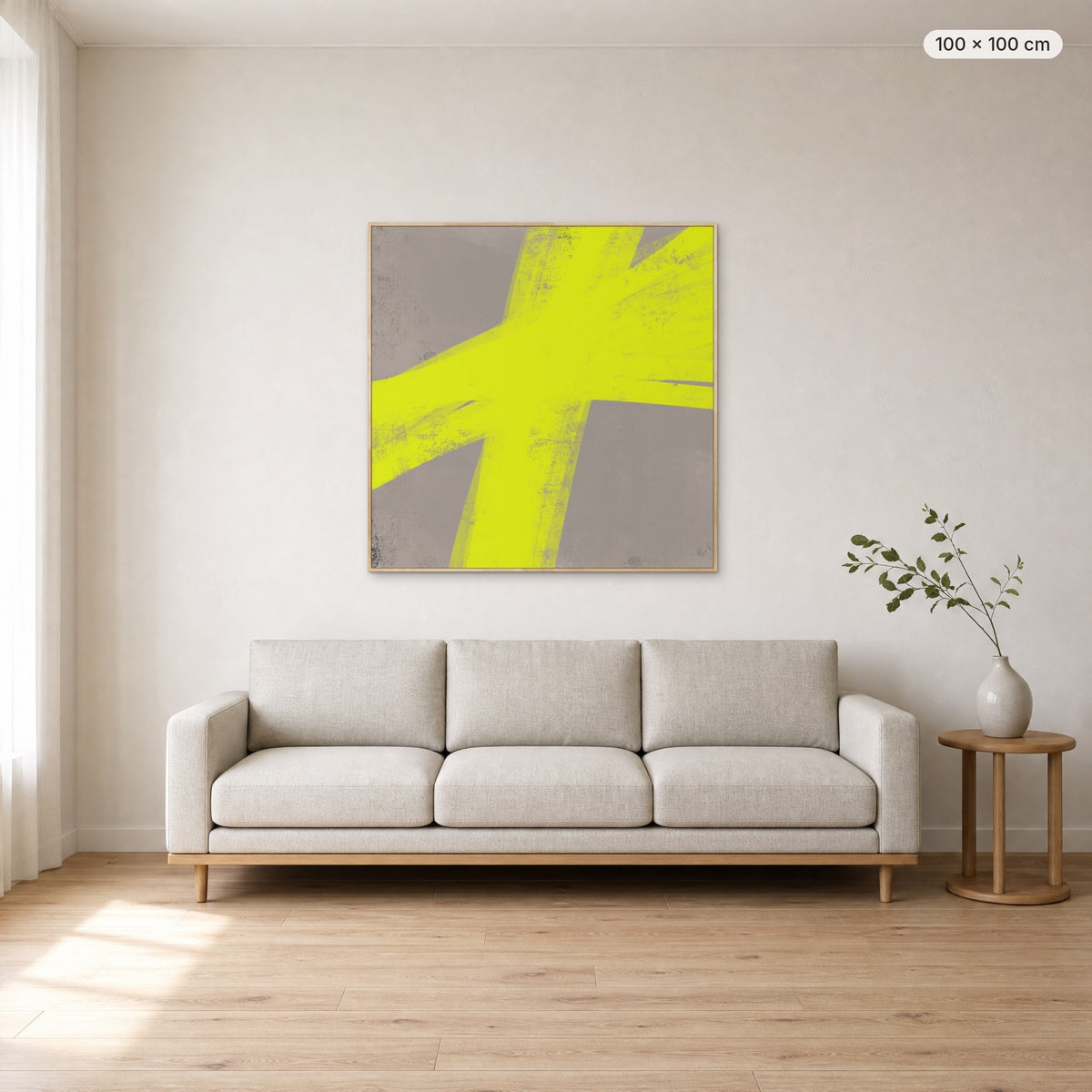 Lights Up canvas print in oak floating frame, 100 × 100 cm, shown above a 220 cm sofa