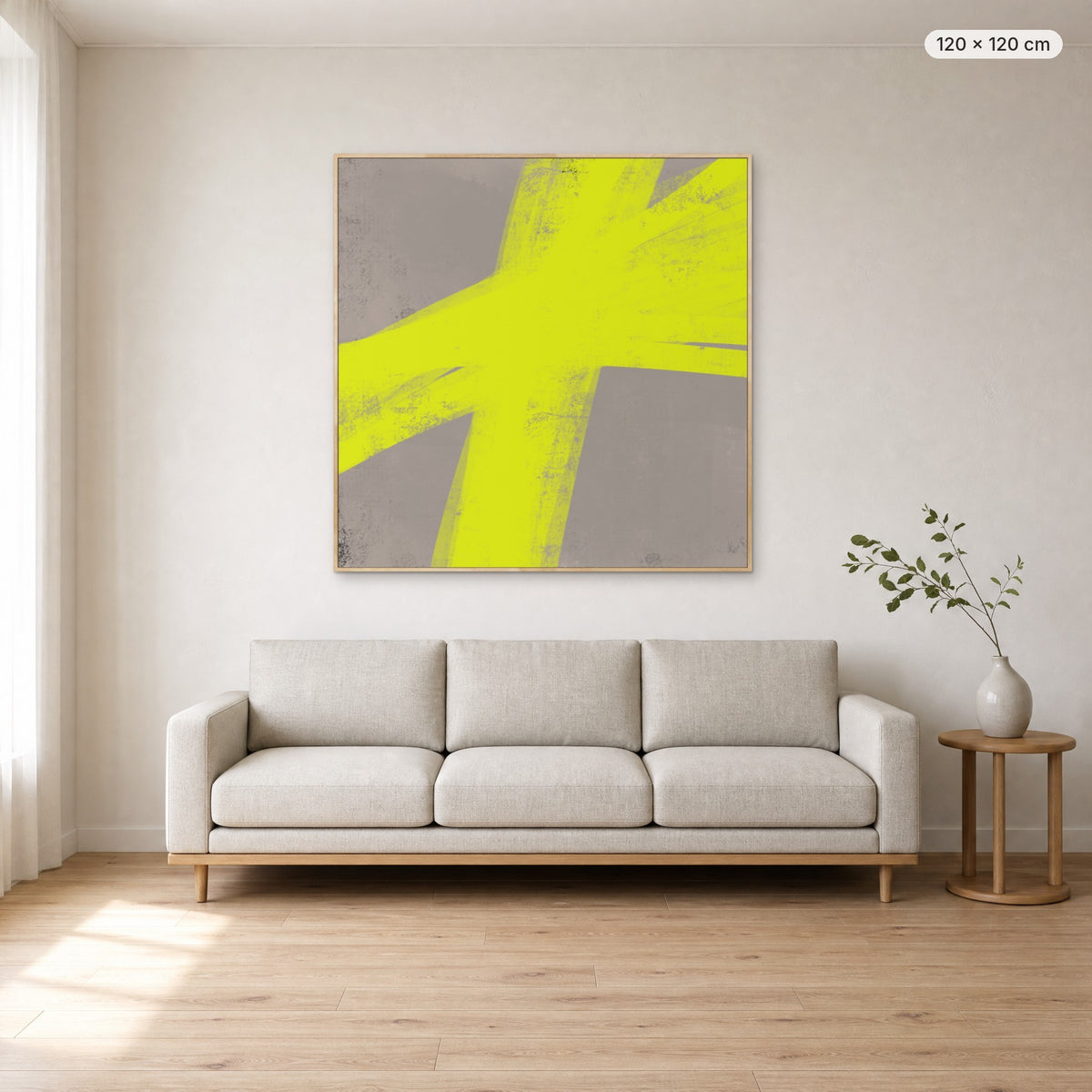 Lights Up canvas print in oak floating frame, 120 × 120 cm, shown above a 220 cm sofa