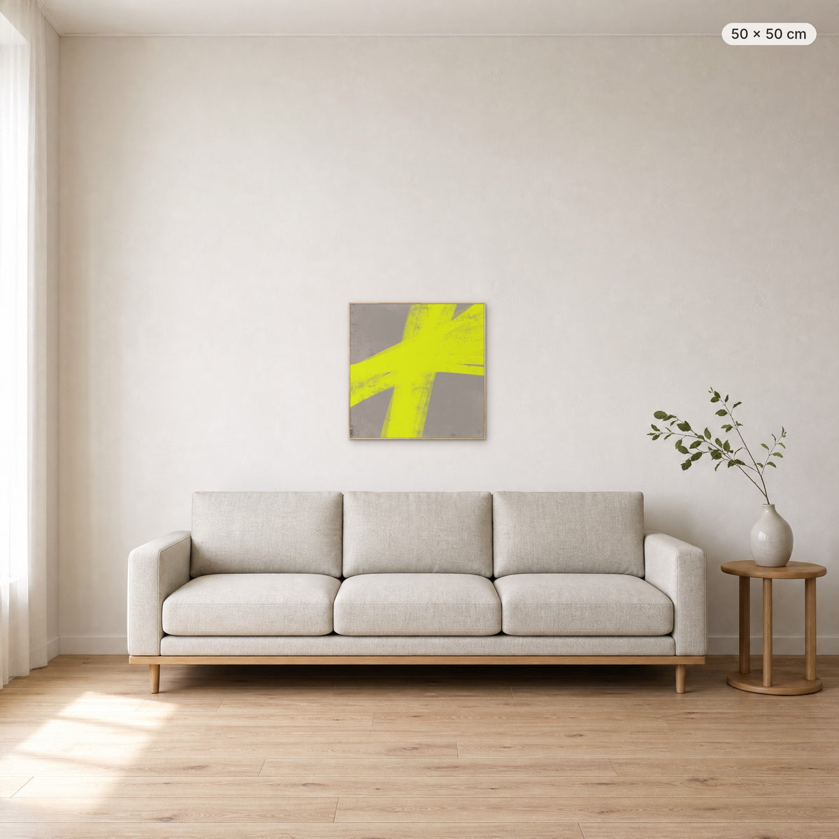 Lights Up canvas print in oak floating frame, 50 × 50 cm, shown above a 220 cm sofa