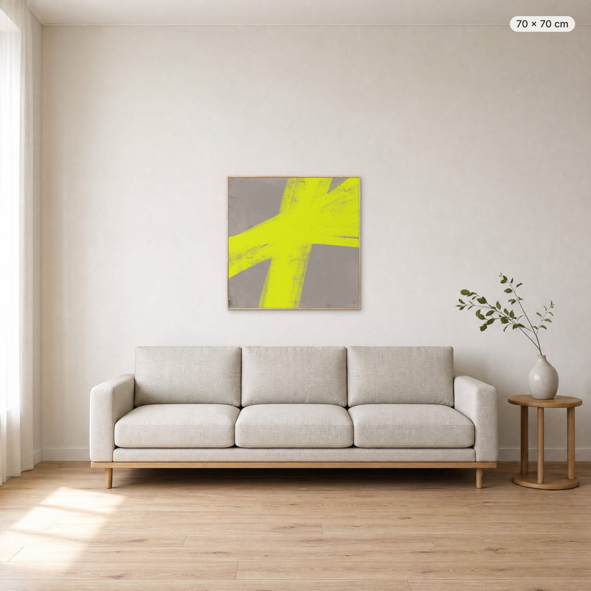 Lights Up canvas print in oak floating frame, 70 × 70 cm, shown above a 220 cm sofa