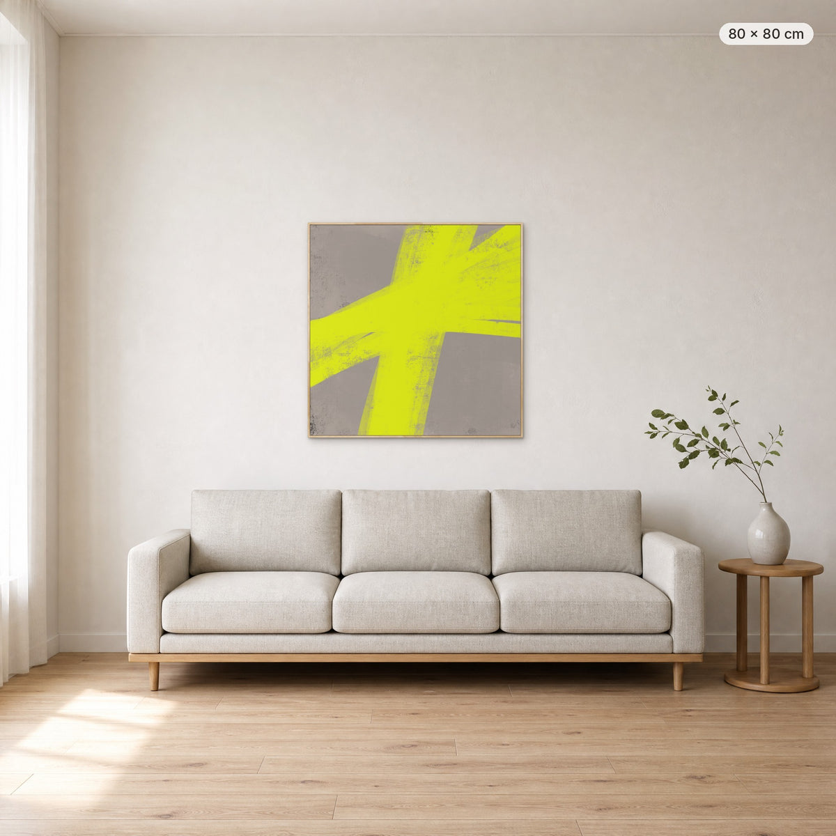 Lights Up canvas print in oak floating frame, 80 × 80 cm, shown above a 220 cm sofa