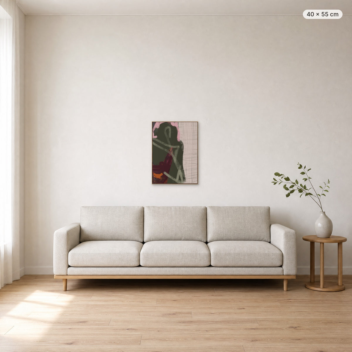 Look In Paris canvas print in oak floating frame, 40 × 55 cm, shown above a 220 cm sofa