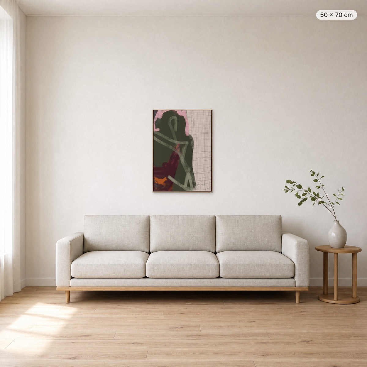 Look In Paris canvas print in oak floating frame, 50 × 70 cm, shown above a 220 cm sofa