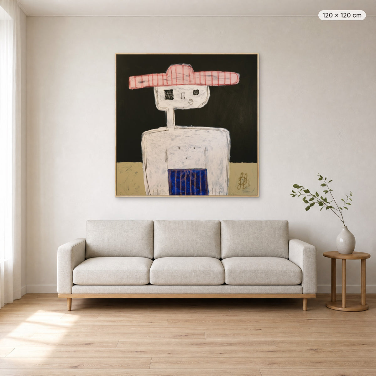 Matthew canvas print in oak floating frame, 120 × 120 cm, shown above a 220 cm sofa