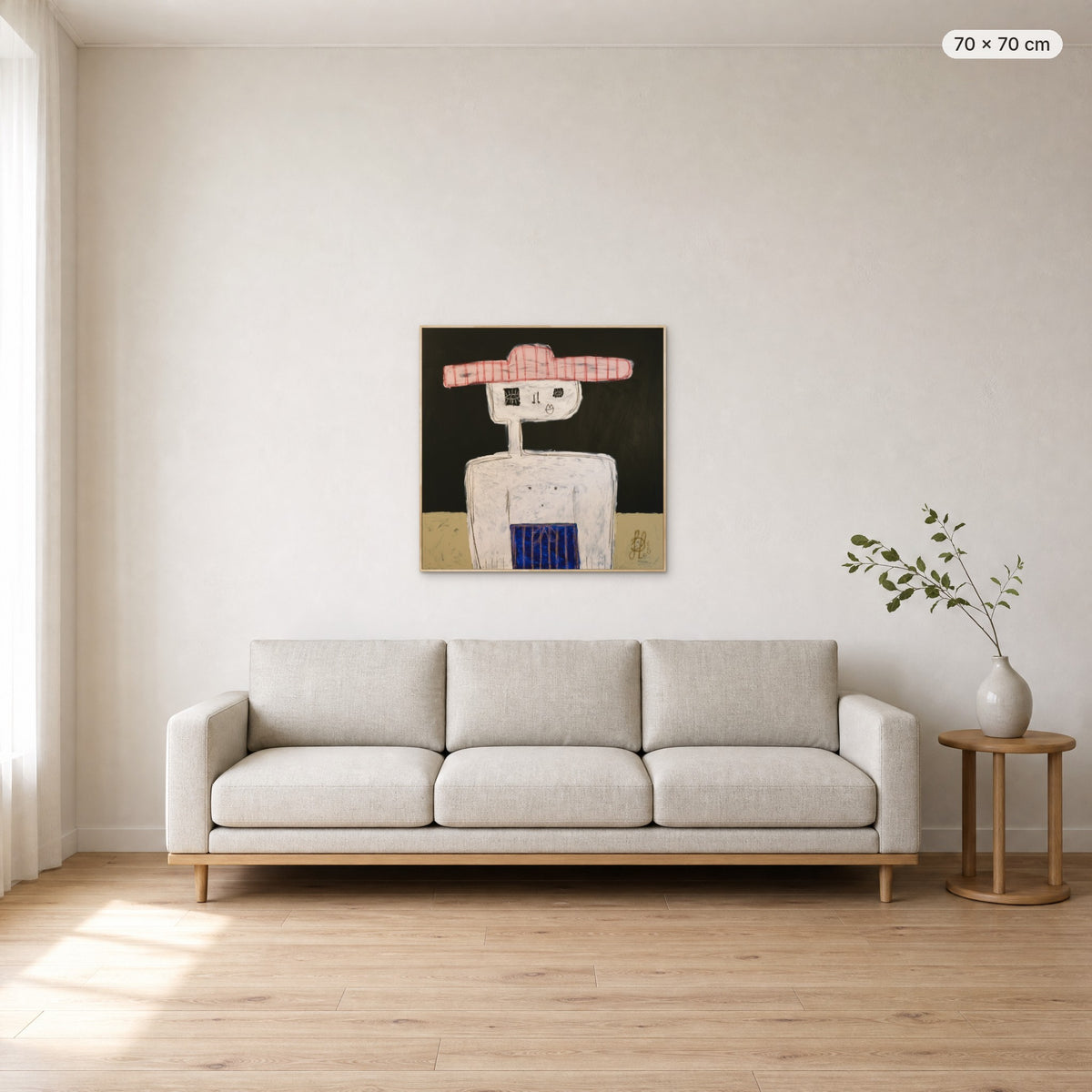 Matthew canvas print in oak floating frame, 70 × 70 cm, shown above a 220 cm sofa