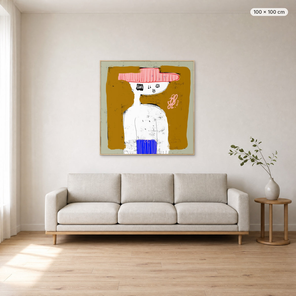 Michael canvas print in oak floating frame, 100 × 100 cm, shown above a 220 cm sofa