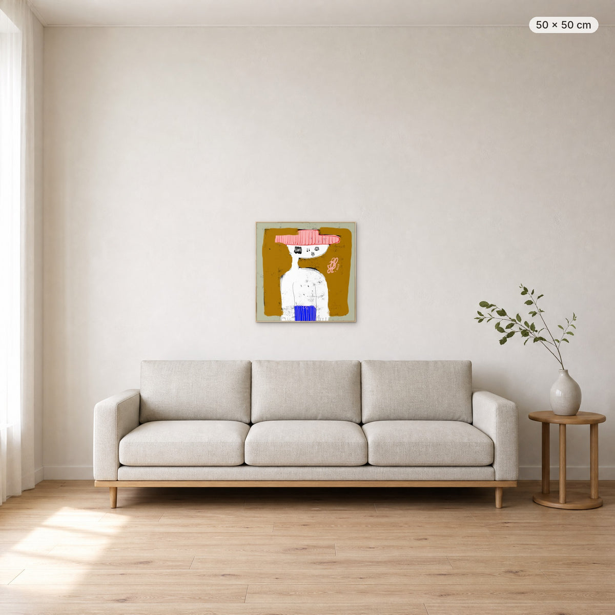 Michael canvas print in oak floating frame, 50 × 50 cm, shown above a 220 cm sofa