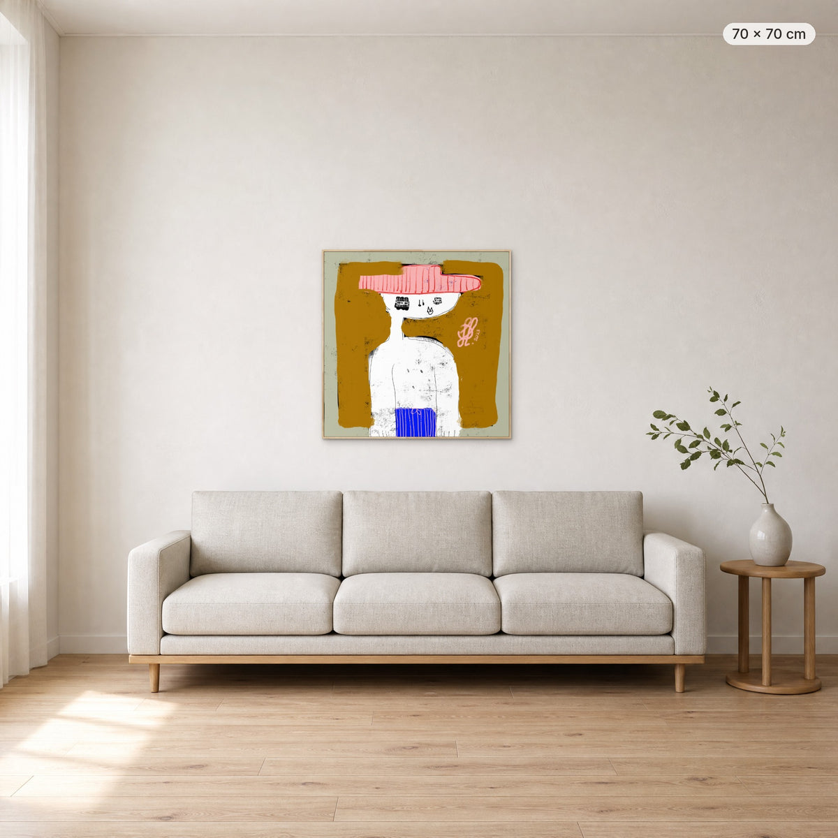 Michael canvas print in oak floating frame, 70 × 70 cm, shown above a 220 cm sofa