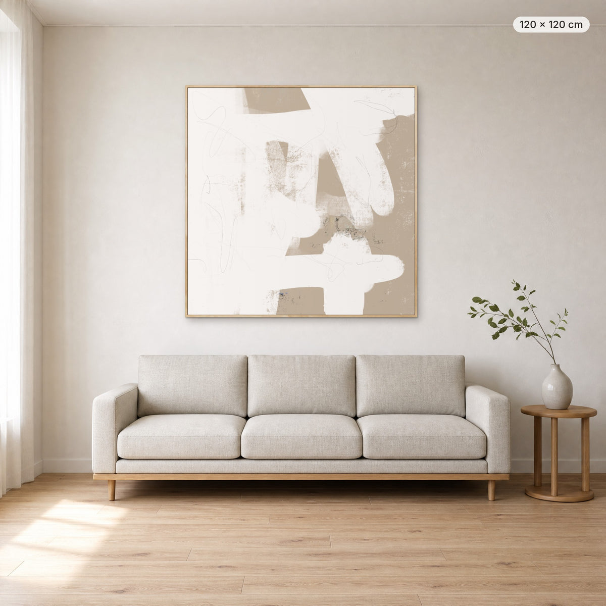 More Than Simple canvas print in oak floating frame, 120 × 120 cm, shown above a 220 cm sofa