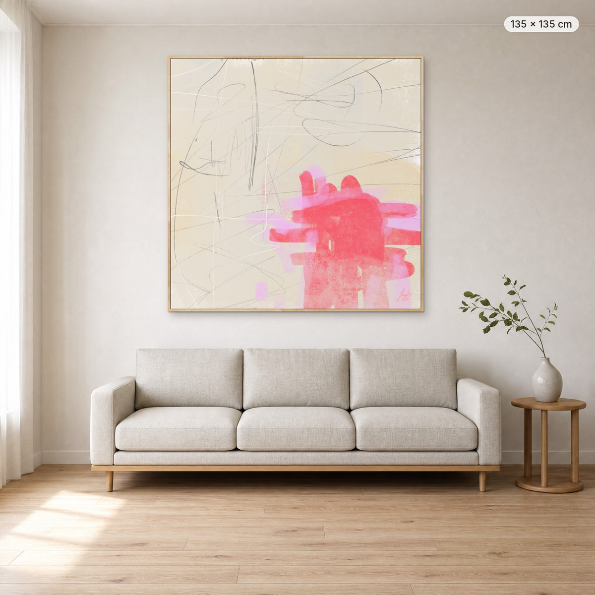 Only One Heart canvas print in oak floating frame, 135 × 135 cm, shown above a 220 cm sofa