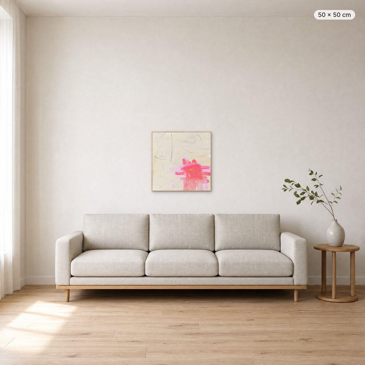 Only One Heart canvas print in oak floating frame, 50 × 50 cm, shown above a 220 cm sofa