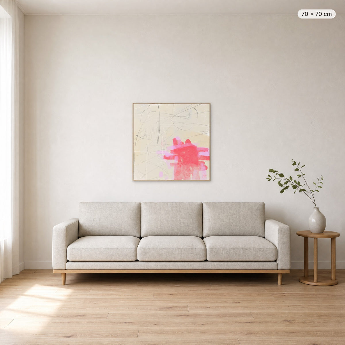 Only One Heart canvas print in oak floating frame, 70 × 70 cm, shown above a 220 cm sofa