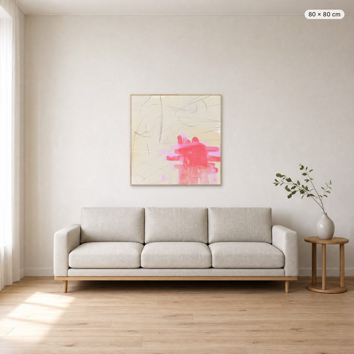 Only One Heart canvas print in oak floating frame, 80 × 80 cm, shown above a 220 cm sofa