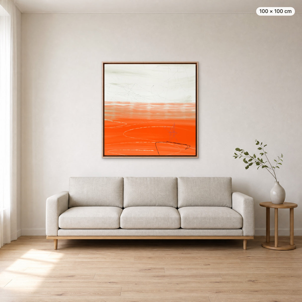 Canvas Print "Orange Horizon" in oak frame, 100 × 100 cm, shown to scale above a 220 cm sofa