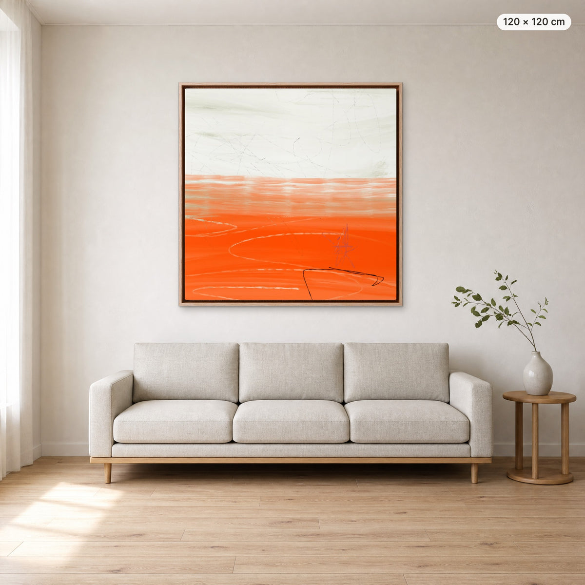 Canvas Print "Orange Horizon" in oak frame, 120 × 120 cm, shown to scale above a 220 cm sofa