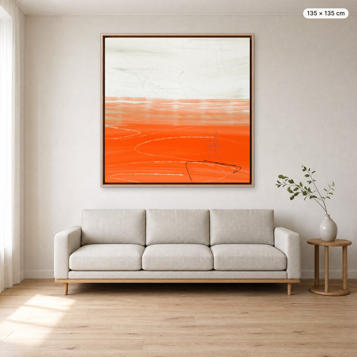 Canvas Print "Orange Horizon" in oak frame, 135 × 135 cm, shown to scale above a 220 cm sofa