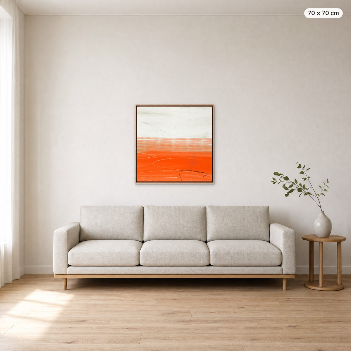 Canvas Print "Orange Horizon" in oak frame, 70 × 70 cm, shown to scale above a 220 cm sofa
