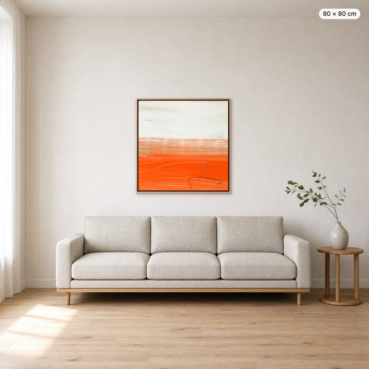 Canvas Print "Orange Horizon" in oak frame, 80 × 80 cm, shown to scale above a 220 cm sofa