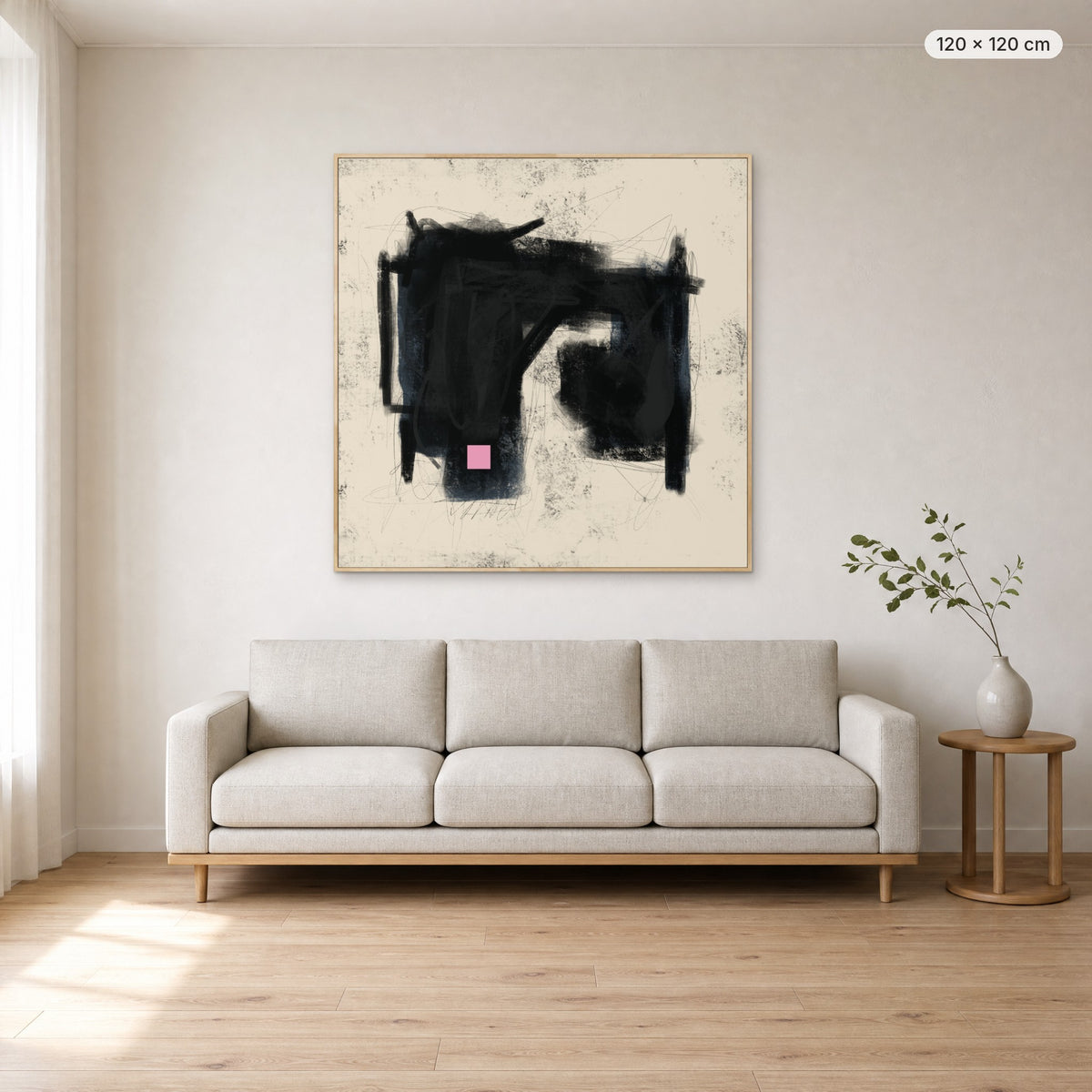 Place Of Love canvas print in oak floating frame, 120 × 120 cm, shown above a 220 cm sofa