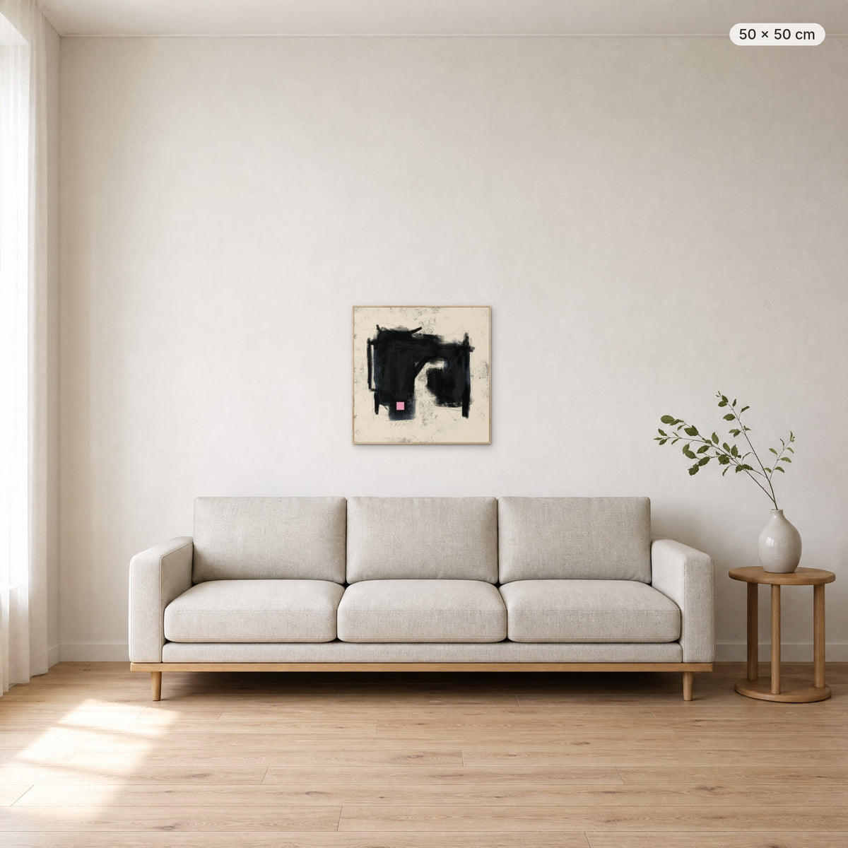 Place Of Love canvas print in oak floating frame, 50 × 50 cm, shown above a 220 cm sofa