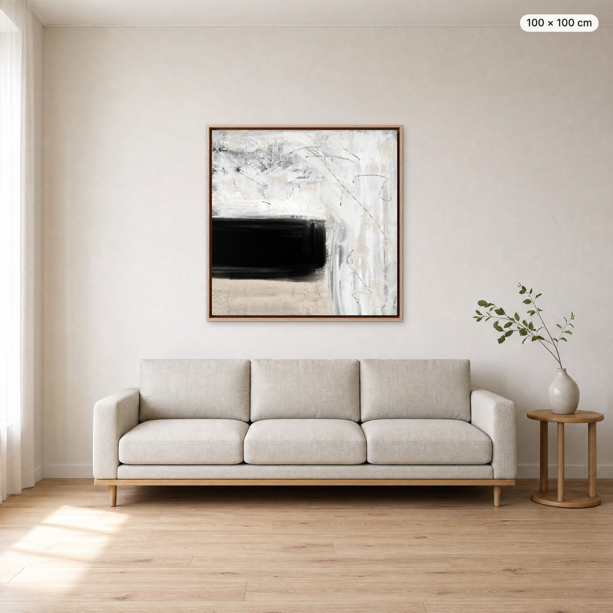 Canvas Print "Quiet" in oak frame, 100 × 100 cm, shown to scale above a 220 cm sofa
