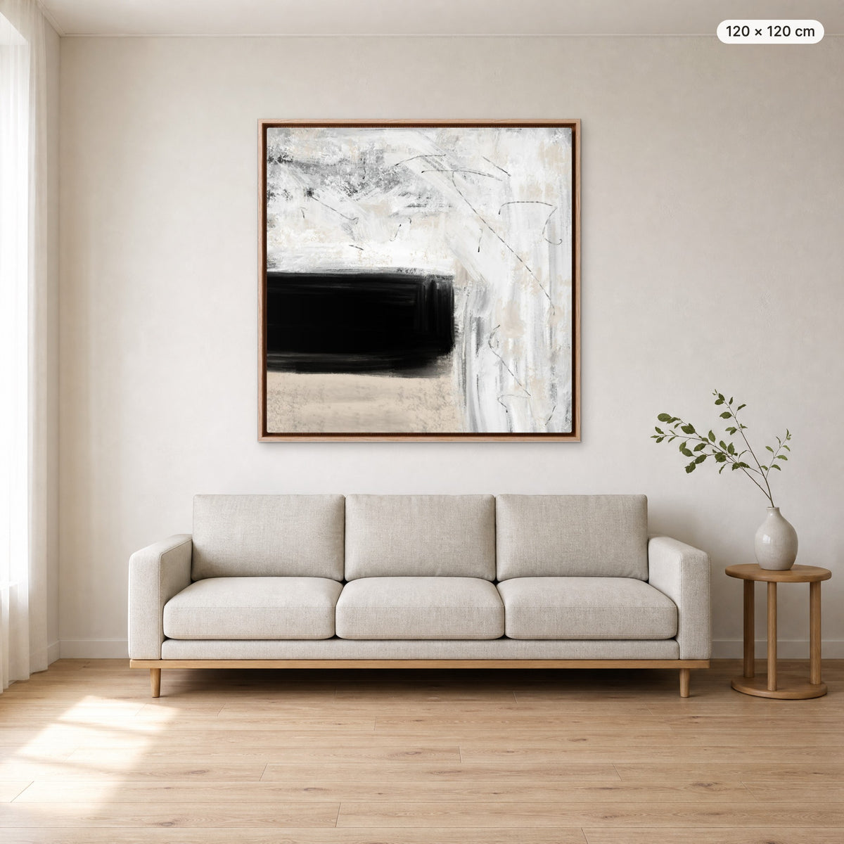 Canvas Print "Quiet" in oak frame, 120 × 120 cm, shown to scale above a 220 cm sofa
