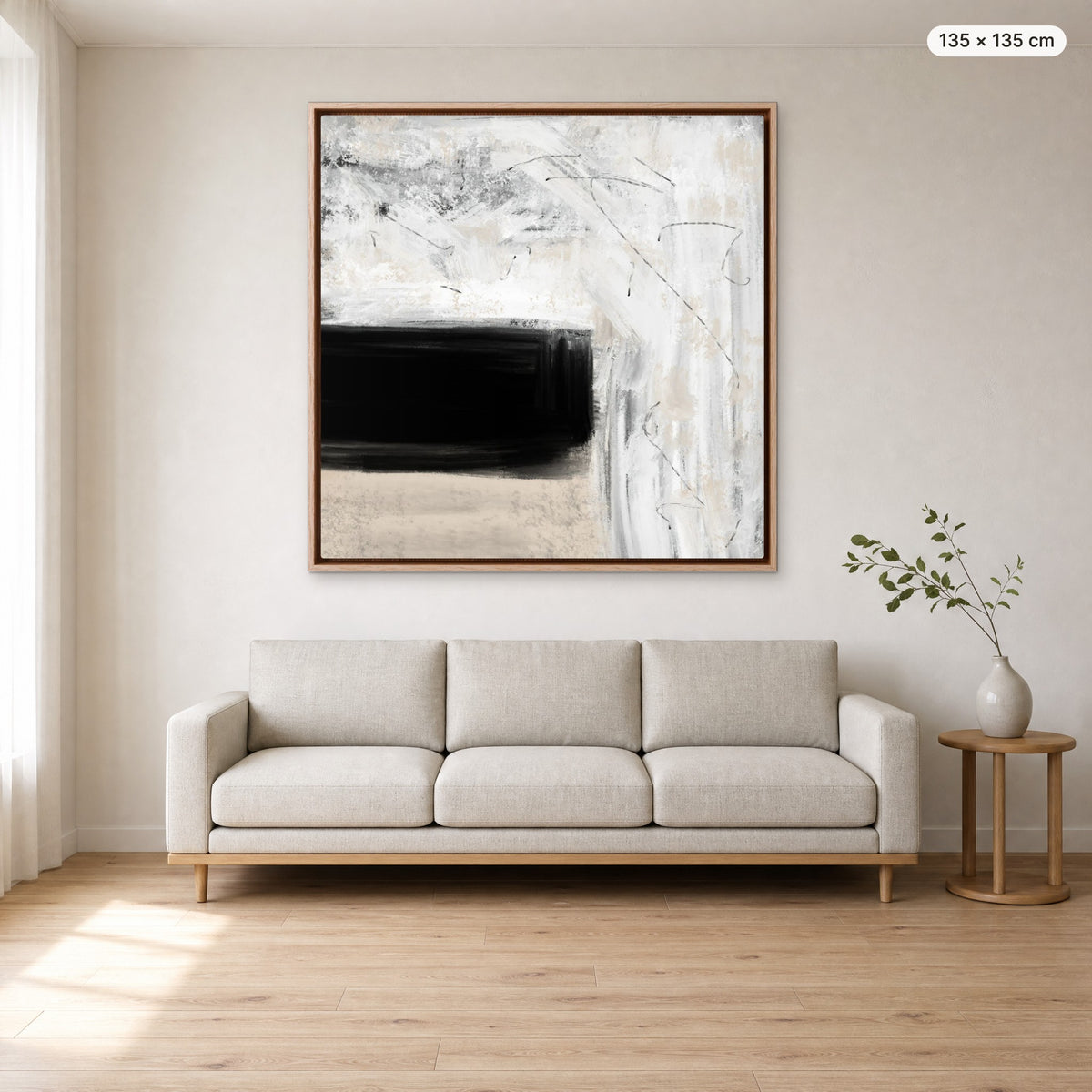 Canvas Print "Quiet" in oak frame, 135 × 135 cm, shown to scale above a 220 cm sofa