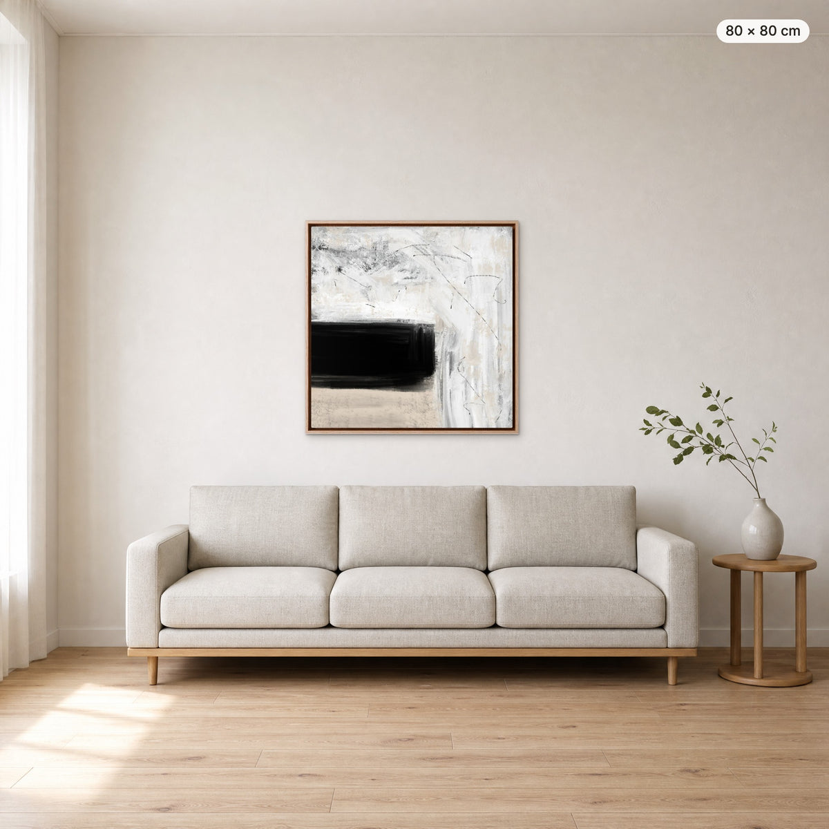 Canvas Print "Quiet" in oak frame, 80 × 80 cm, shown to scale above a 220 cm sofa