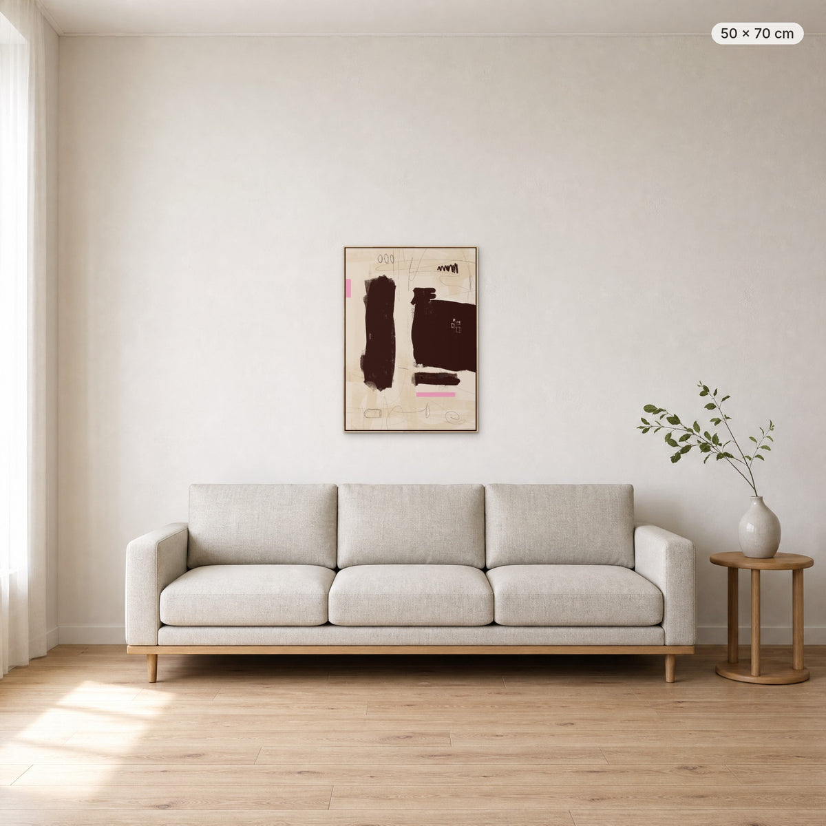 Simple Room #1 canvas print in oak floating frame, 50 × 70 cm, shown above a 220 cm sofa