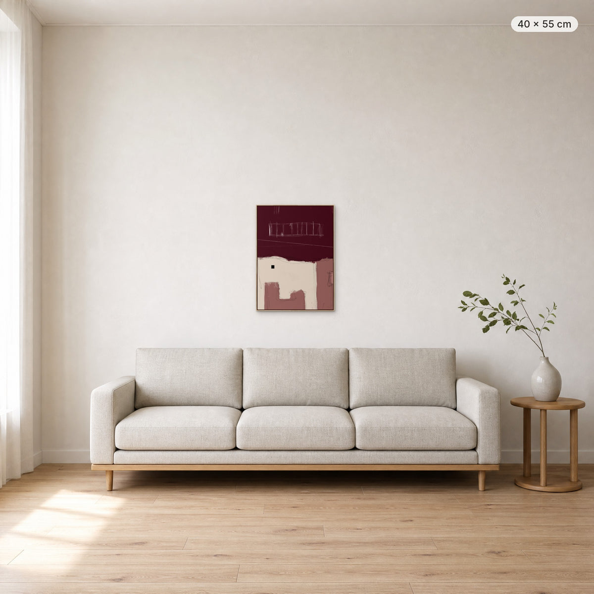 Simple Room #2 canvas print in oak floating frame, 40 × 55 cm, shown above a 220 cm sofa
