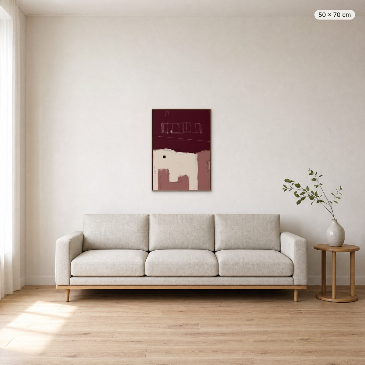 Simple Room #2 canvas print in oak floating frame, 50 × 70 cm, shown above a 220 cm sofa