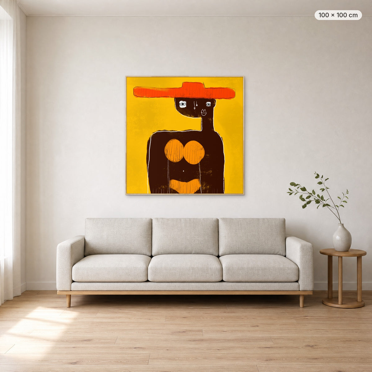 Sophia canvas print in oak floating frame, 100 × 100 cm, shown above a 220 cm sofa