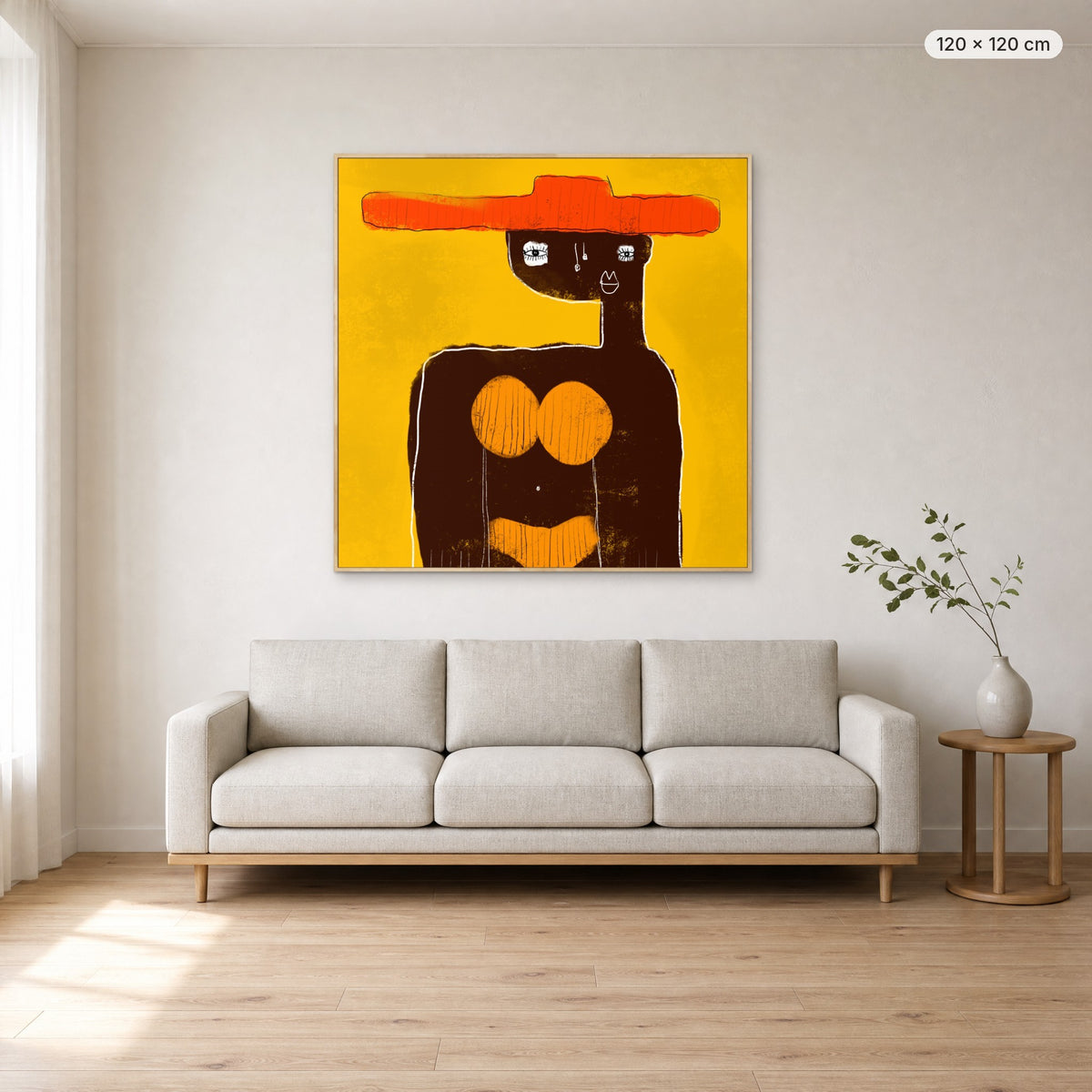 Sophia canvas print in oak floating frame, 120 × 120 cm, shown above a 220 cm sofa