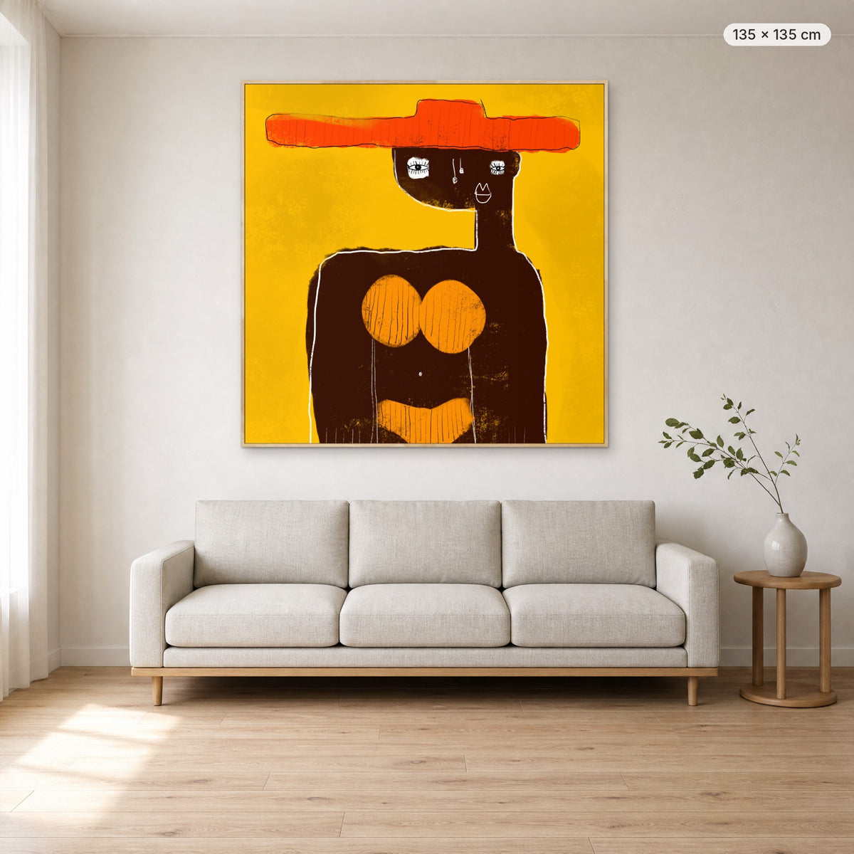 Sophia canvas print in oak floating frame, 135 × 135 cm, shown above a 220 cm sofa