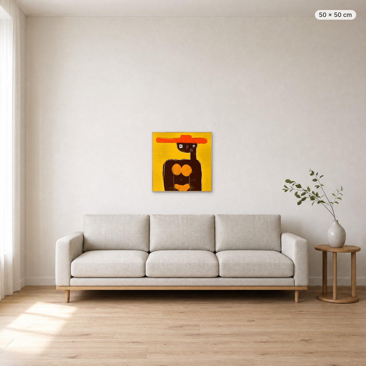 Sophia canvas print in oak floating frame, 50 × 50 cm, shown above a 220 cm sofa