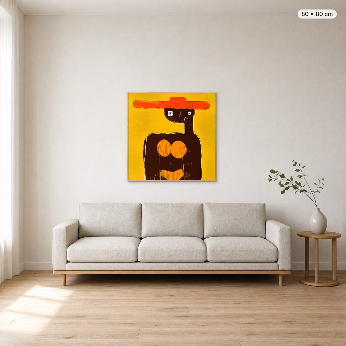 Sophia canvas print in oak floating frame, 80 × 80 cm, shown above a 220 cm sofa