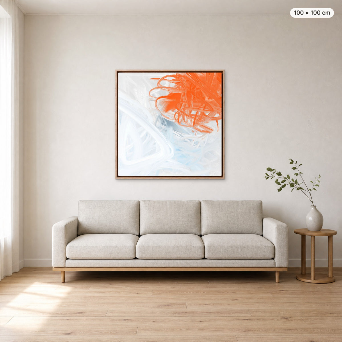 Canvas Print "Tangled Air" in oak frame, 100 × 100 cm, shown to scale above a 220 cm sofa