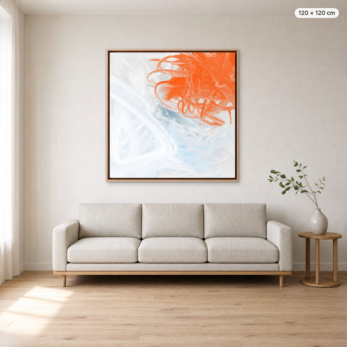 Canvas Print "Tangled Air" in oak frame, 120 × 120 cm, shown to scale above a 220 cm sofa