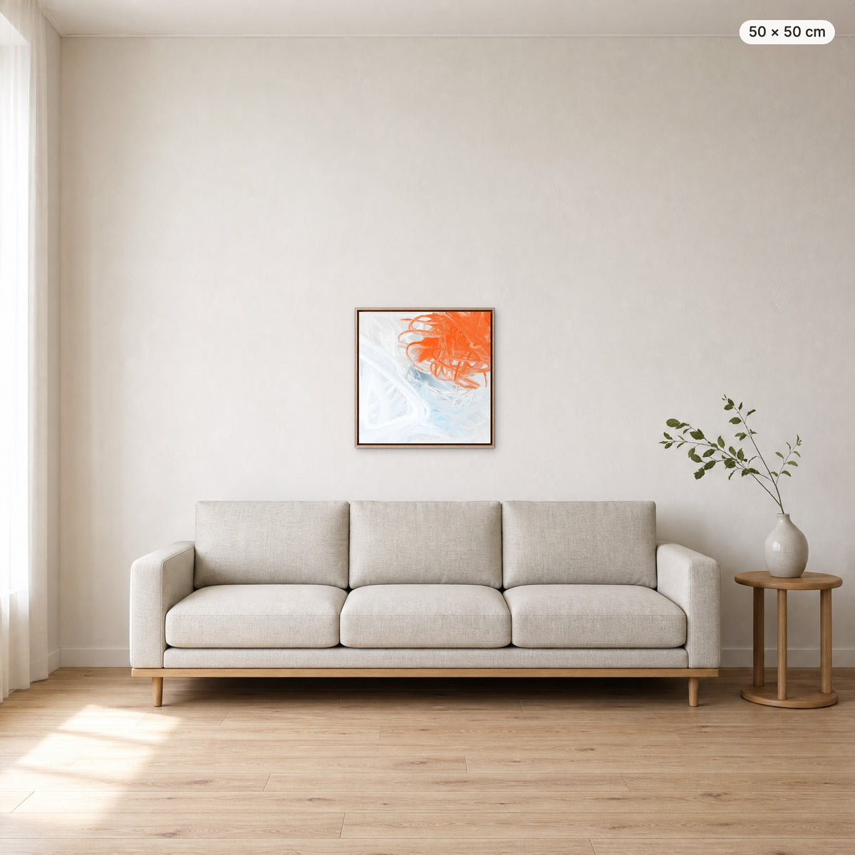 Canvas Print "Tangled Air" in oak frame, 50 × 50 cm, shown to scale above a 220 cm sofa