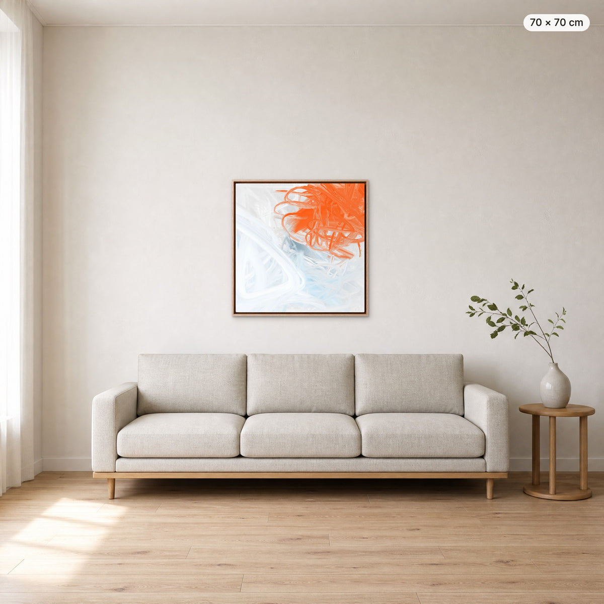 Canvas Print "Tangled Air" in oak frame, 70 × 70 cm, shown to scale above a 220 cm sofa