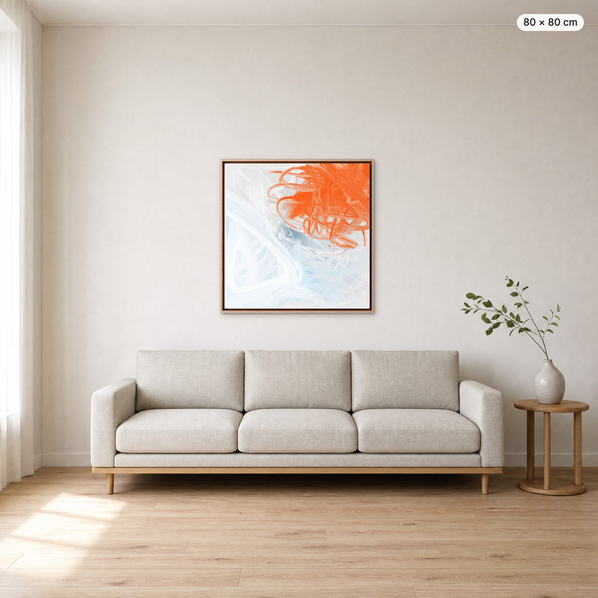 Canvas Print "Tangled Air" in oak frame, 80 × 80 cm, shown to scale above a 220 cm sofa