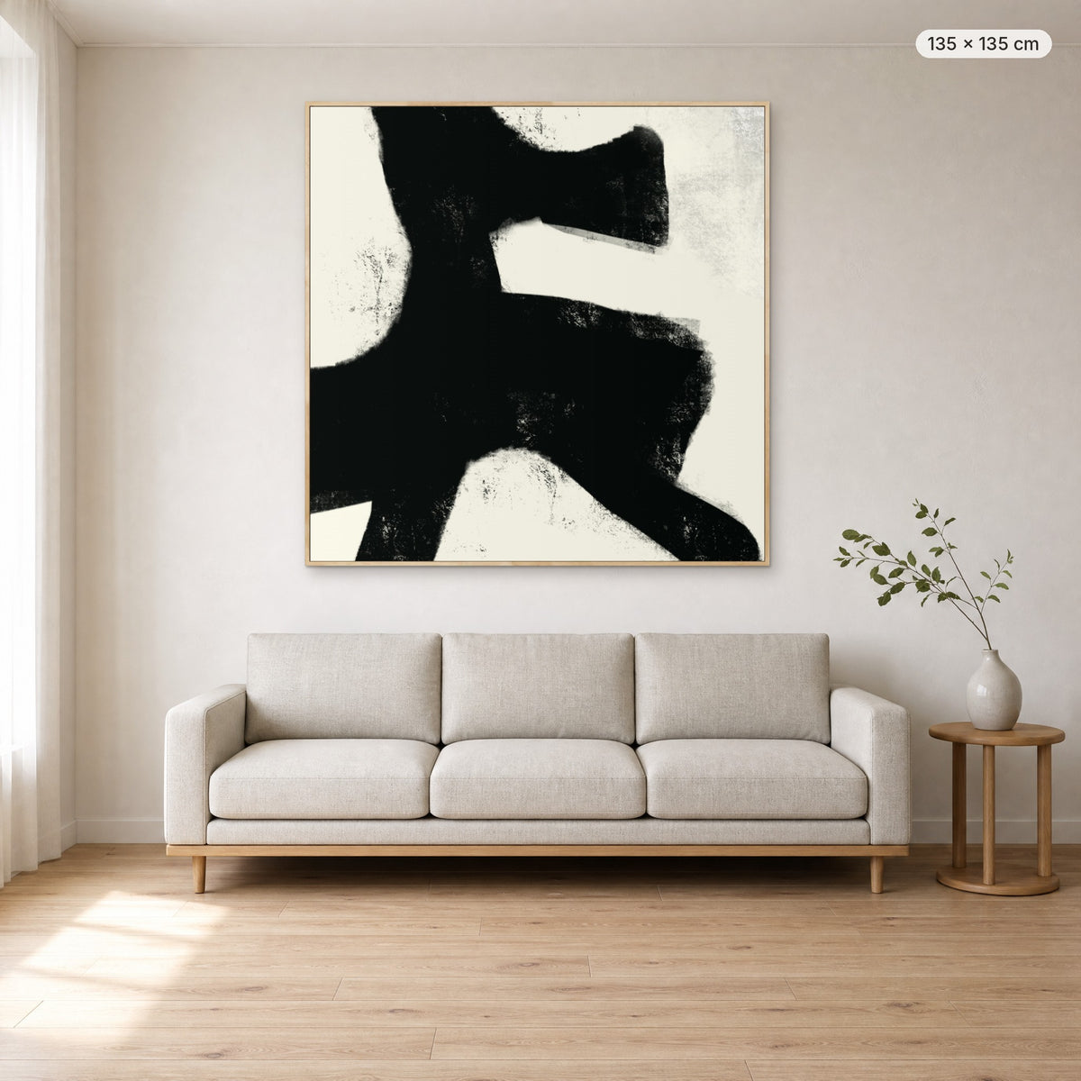 Under Earth canvas print in oak floating frame, 135 × 135 cm, shown above a 220 cm sofa