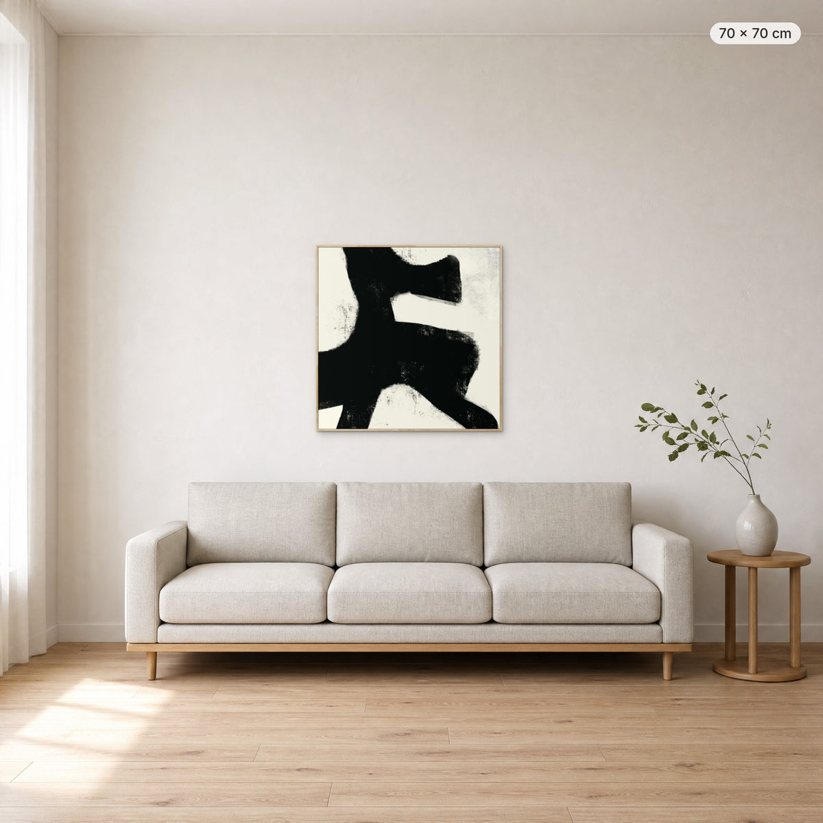 Under Earth canvas print in oak floating frame, 70 × 70 cm, shown above a 220 cm sofa