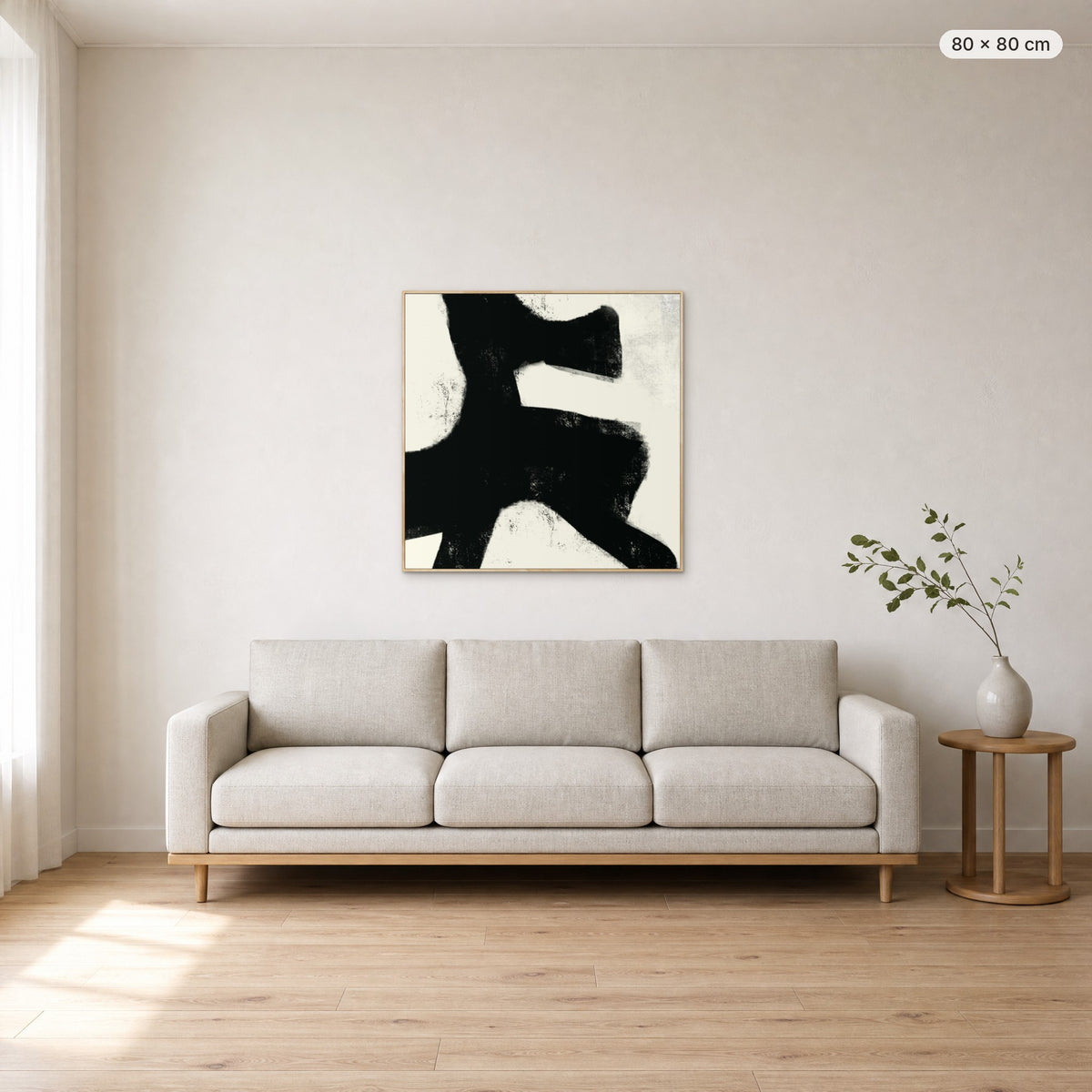 Under Earth canvas print in oak floating frame, 80 × 80 cm, shown above a 220 cm sofa