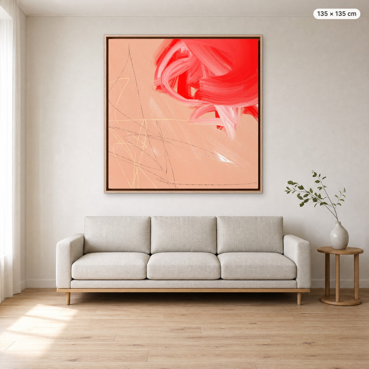 Canvas Print "Unspoken" in oak frame, 135 × 135 cm, shown to scale above a 220 cm sofa