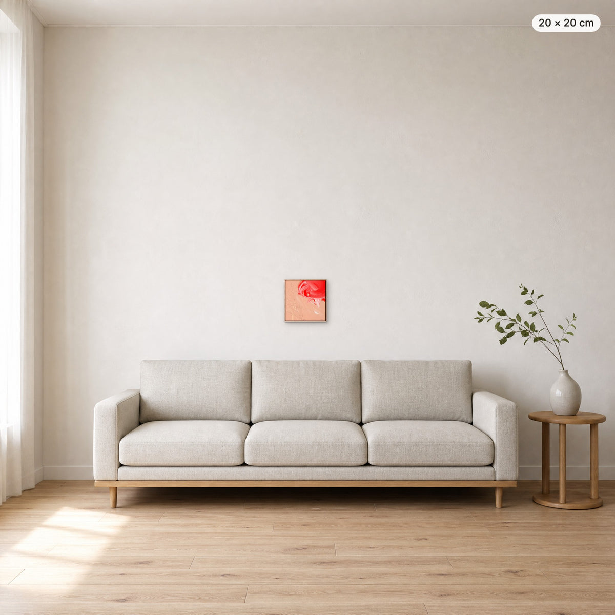 Canvas Print "Unspoken" in oak frame, 20 × 20 cm, shown to scale above a 220 cm sofa