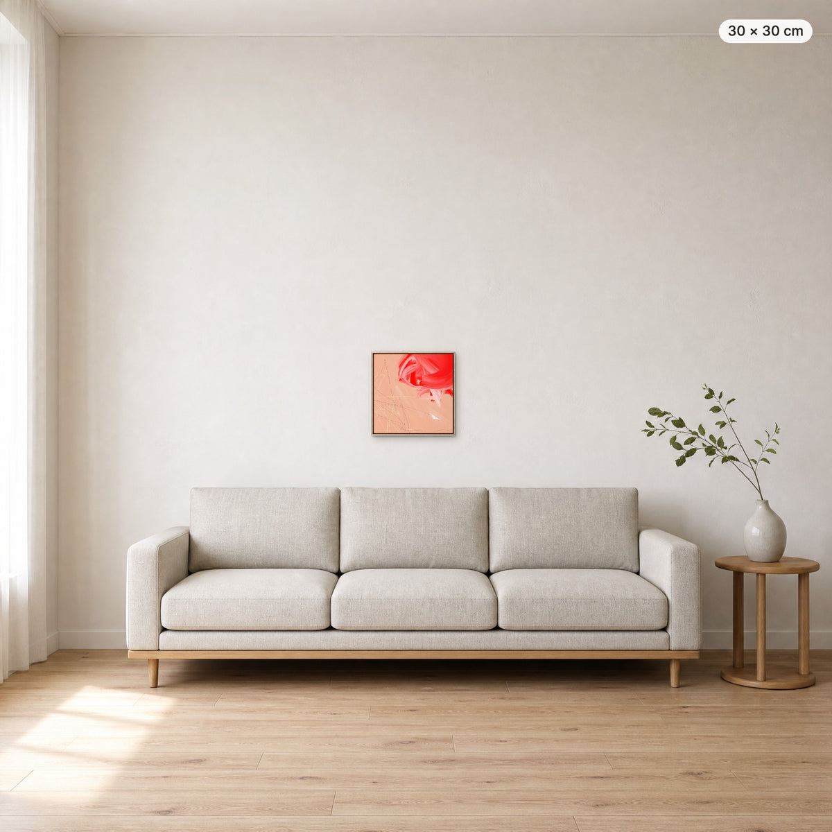 Canvas Print "Unspoken" in oak frame, 30 × 30 cm, shown to scale above a 220 cm sofa